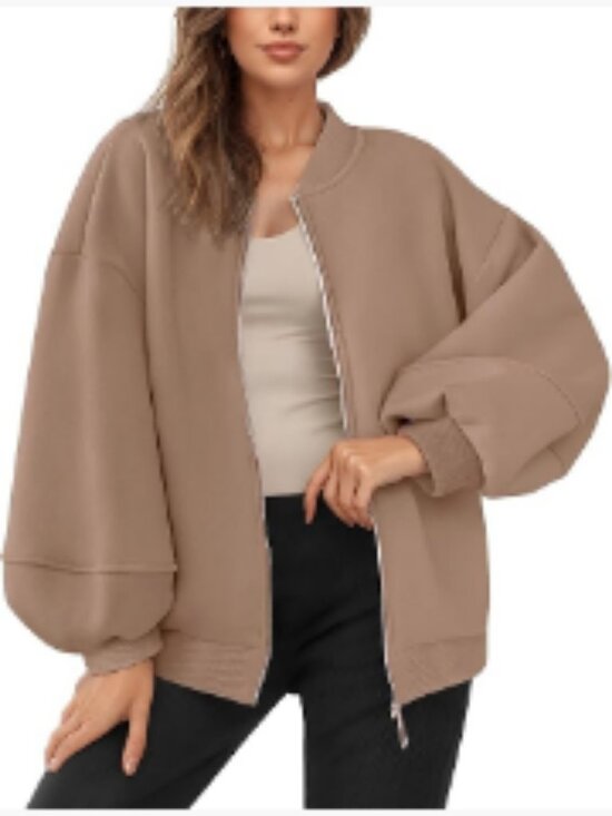 Jackets & Blazers - Oversized Zip Up Fleece Bomber Jacket with Lantern Sleeves
